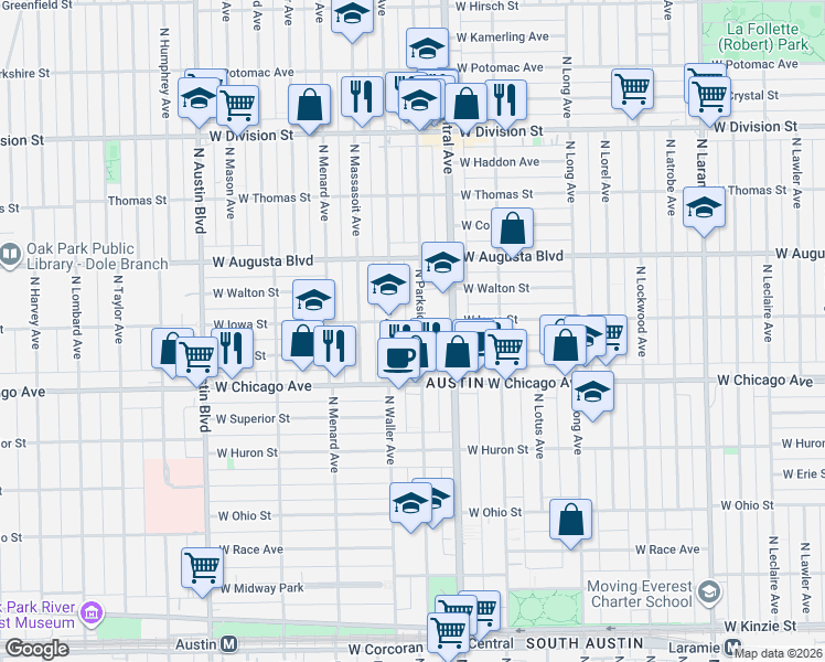 map of restaurants, bars, coffee shops, grocery stores, and more near 857 North Parkside Avenue in Chicago