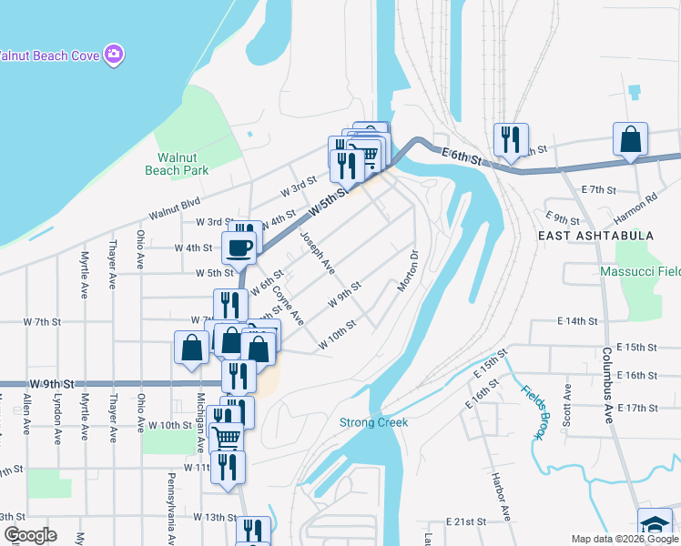 map of restaurants, bars, coffee shops, grocery stores, and more near 1330 West 8th Street in Ashtabula
