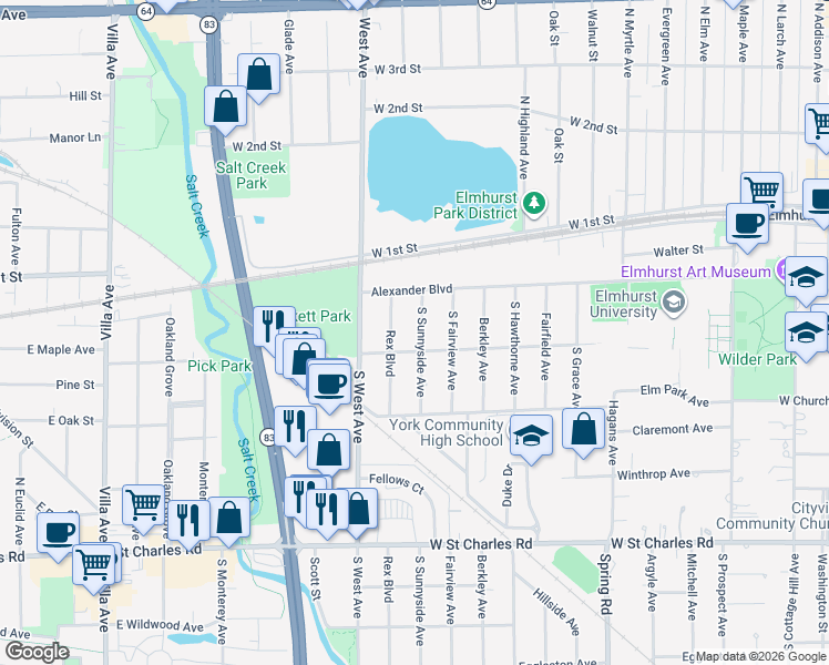 map of restaurants, bars, coffee shops, grocery stores, and more near 160 South Sunnyside Avenue in Elmhurst