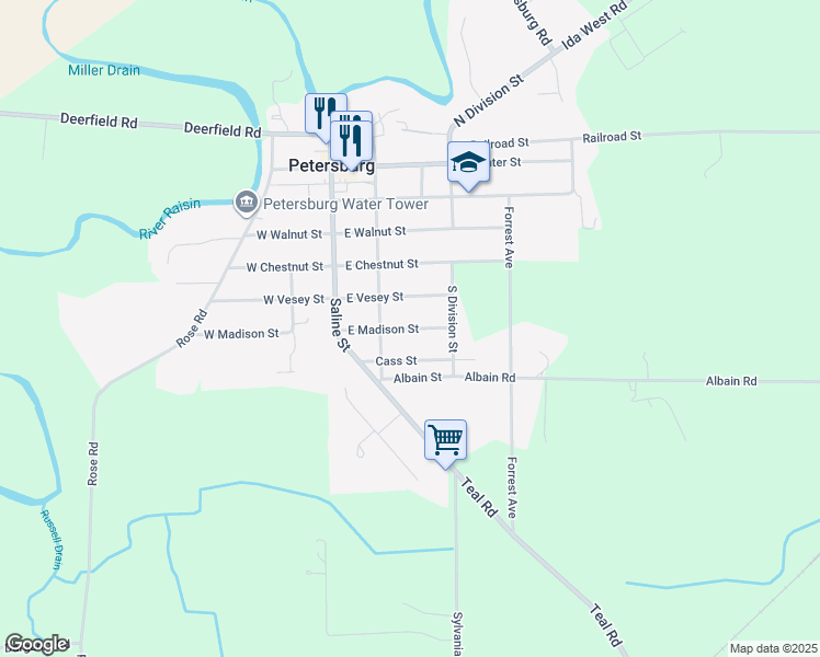 map of restaurants, bars, coffee shops, grocery stores, and more near 141 East Madison Street in Petersburg