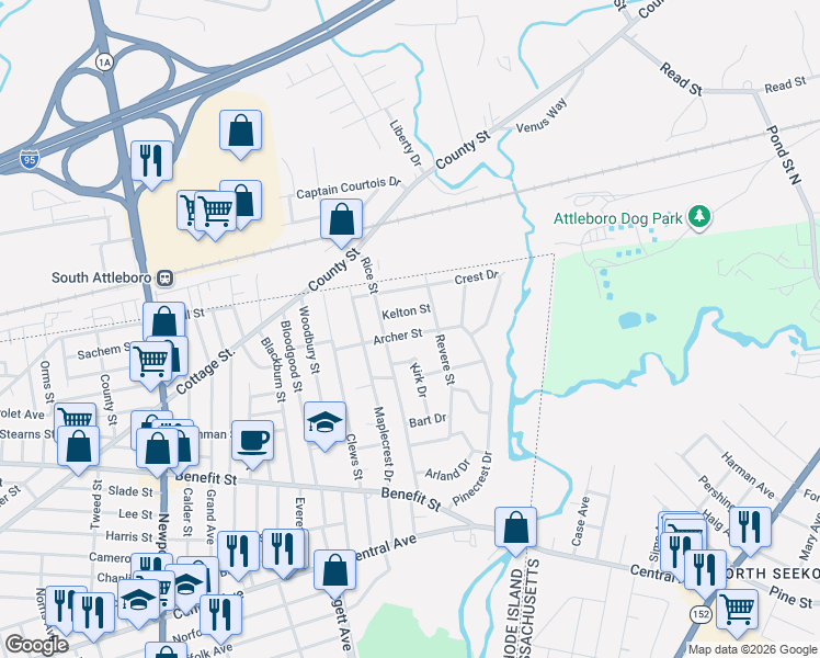 map of restaurants, bars, coffee shops, grocery stores, and more near 70 Archer Street in Pawtucket