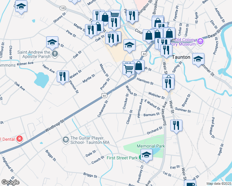 map of restaurants, bars, coffee shops, grocery stores, and more near 88 Winthrop Street in Taunton