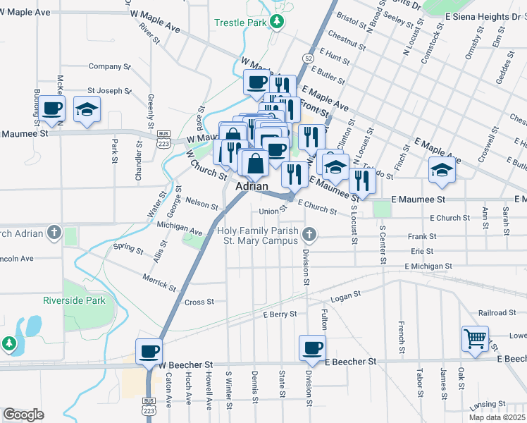 map of restaurants, bars, coffee shops, grocery stores, and more near 127 Union Street in Adrian