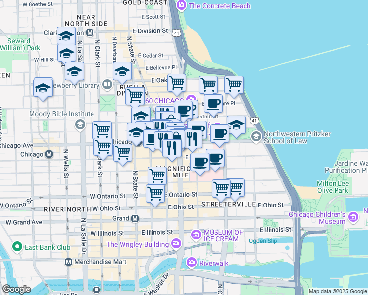 map of restaurants, bars, coffee shops, grocery stores, and more near 777 Michigan Avenue in Chicago