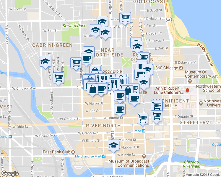 map of restaurants, bars, coffee shops, grocery stores, and more near in Chicago