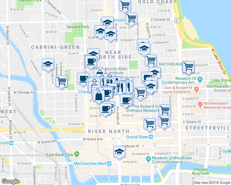 map of restaurants, bars, coffee shops, grocery stores, and more near in Chicago