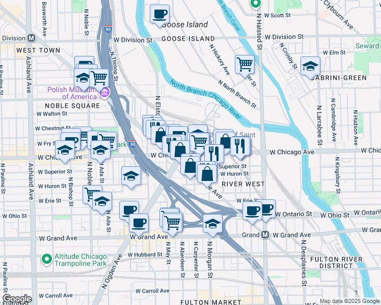 map of restaurants, bars, coffee shops, grocery stores, and more near 1030 West Chicago Avenue in Chicago