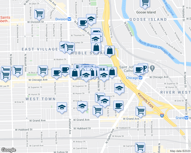 map of restaurants, bars, coffee shops, grocery stores, and more near 810 North Noble Street in Chicago