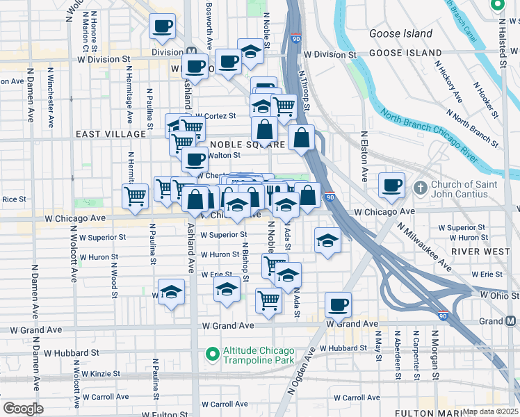 map of restaurants, bars, coffee shops, grocery stores, and more near 810 North Noble Street in Chicago