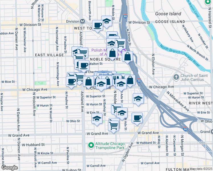 map of restaurants, bars, coffee shops, grocery stores, and more near 810 North Noble Street in Chicago