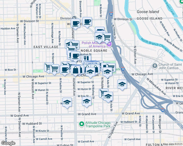 map of restaurants, bars, coffee shops, grocery stores, and more near 1452 West Chicago Avenue in Chicago