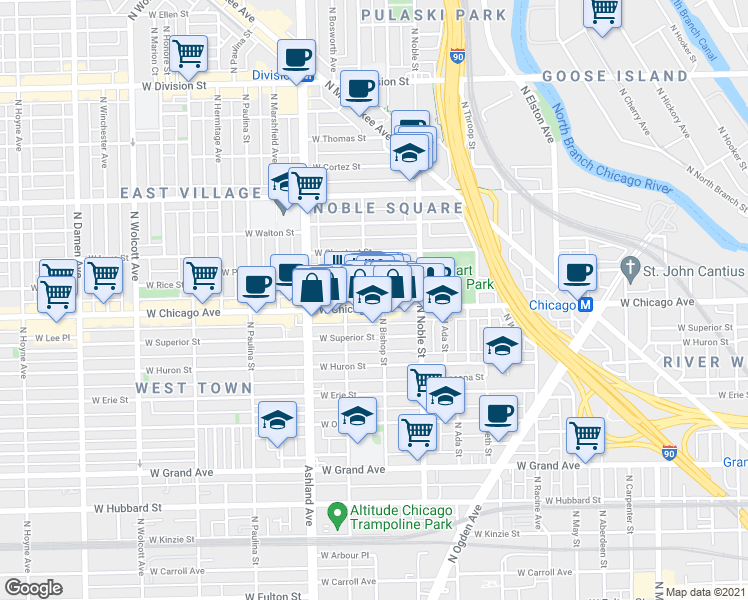 map of restaurants, bars, coffee shops, grocery stores, and more near 1452 West Chicago Avenue in Chicago