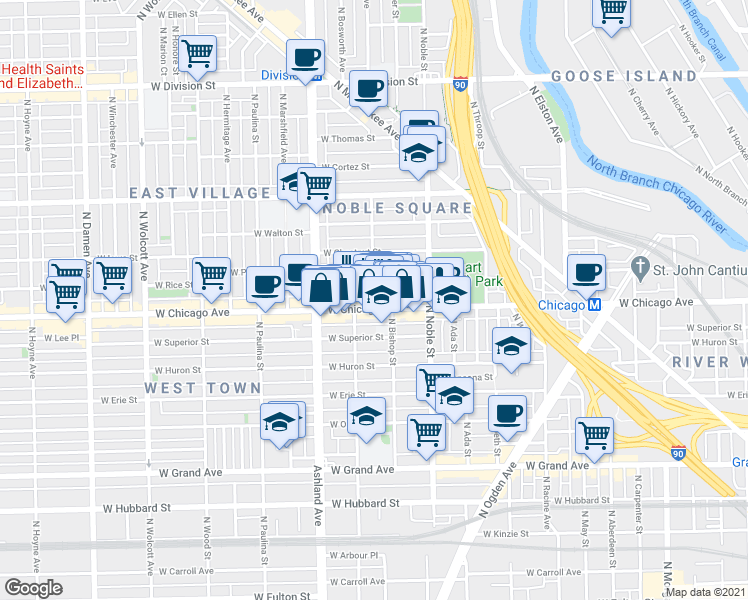 map of restaurants, bars, coffee shops, grocery stores, and more near 1452 West Chicago Avenue in Chicago