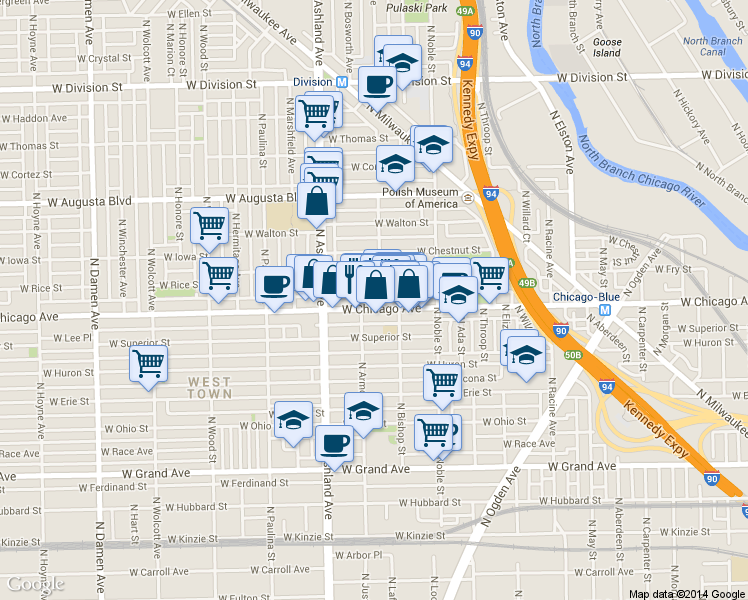 map of restaurants, bars, coffee shops, grocery stores, and more near 1452 West Chicago Avenue in Chicago