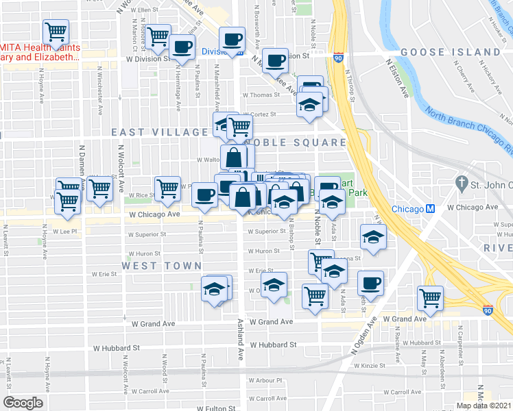map of restaurants, bars, coffee shops, grocery stores, and more near 1522 West Chicago Avenue in Chicago