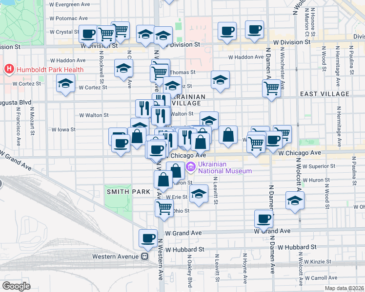 map of restaurants, bars, coffee shops, grocery stores, and more near 2327 West Rice Street in Chicago