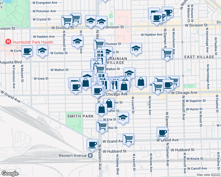 map of restaurants, bars, coffee shops, grocery stores, and more near 2327 West Rice Street in Chicago