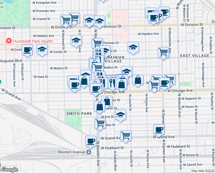 map of restaurants, bars, coffee shops, grocery stores, and more near 2327 West Rice Street in Chicago