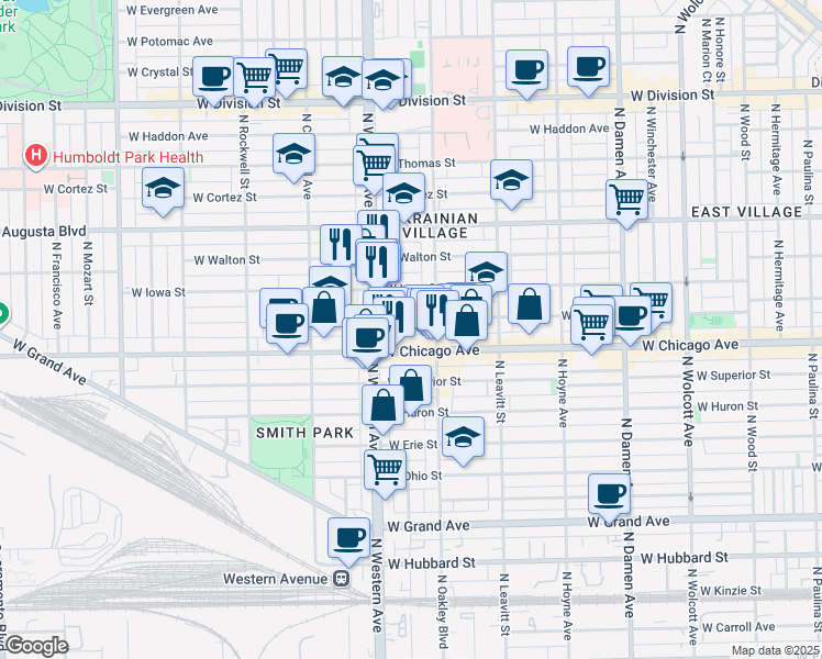 map of restaurants, bars, coffee shops, grocery stores, and more near 2327 West Rice Street in Chicago