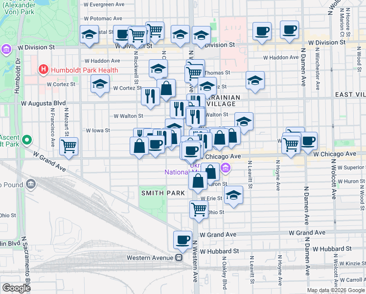 map of restaurants, bars, coffee shops, grocery stores, and more near 2441 West Rice Street in Chicago