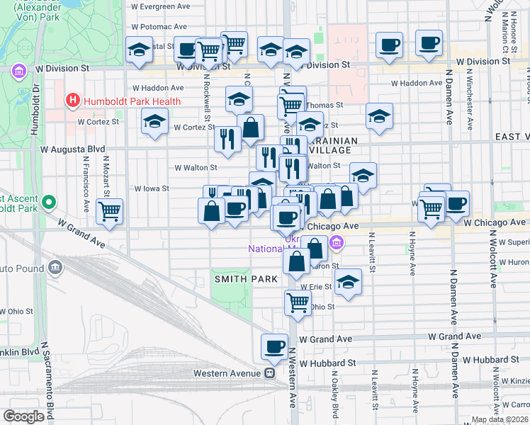 map of restaurants, bars, coffee shops, grocery stores, and more near 2441 West Rice Street in Chicago