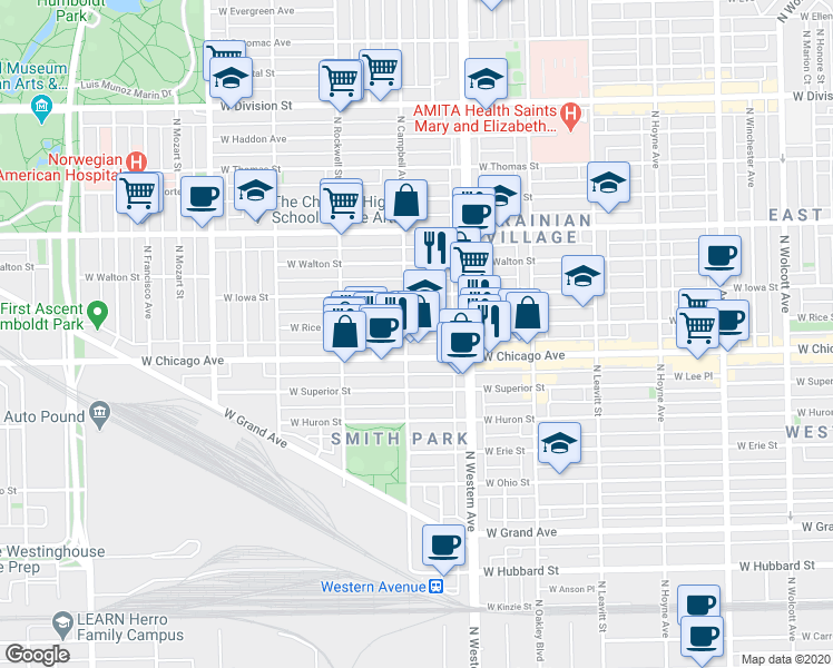 map of restaurants, bars, coffee shops, grocery stores, and more near 2441 West Rice Street in Chicago