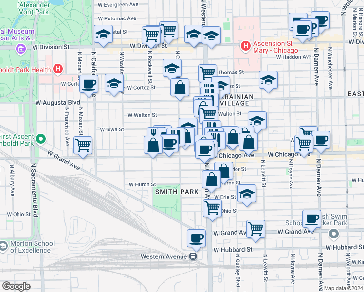 map of restaurants, bars, coffee shops, grocery stores, and more near 2441 West Rice Street in Chicago