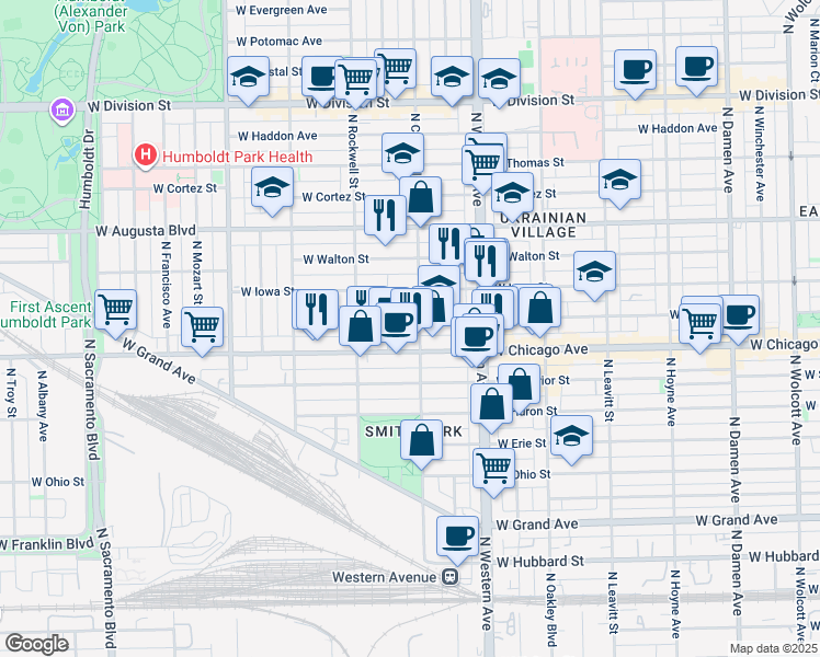 map of restaurants, bars, coffee shops, grocery stores, and more near 825 North Maplewood Avenue in Chicago