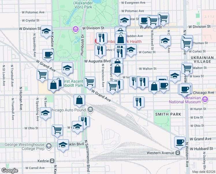 map of restaurants, bars, coffee shops, grocery stores, and more near 827 North Francisco Avenue in Chicago