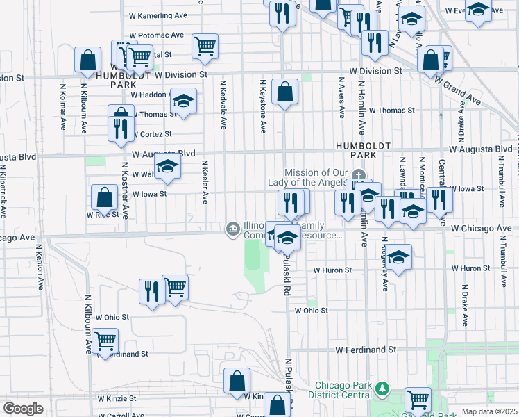 map of restaurants, bars, coffee shops, grocery stores, and more near 834 North Keystone Avenue in Chicago