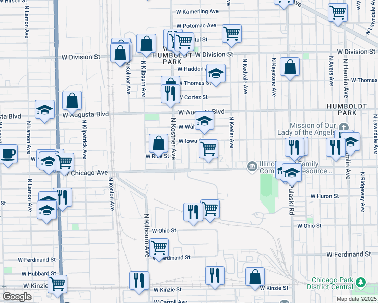 map of restaurants, bars, coffee shops, grocery stores, and more near 844 North Kolin Avenue in Chicago