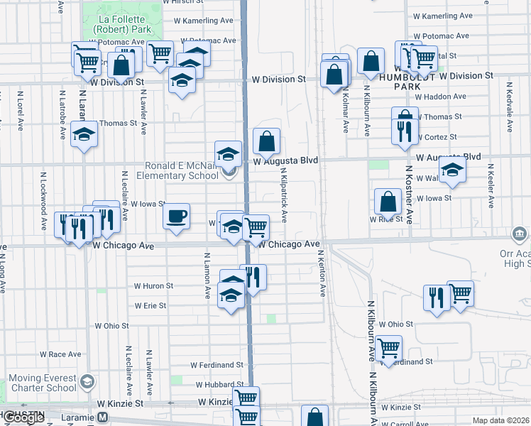 map of restaurants, bars, coffee shops, grocery stores, and more near 4704 West Iowa Street in Chicago