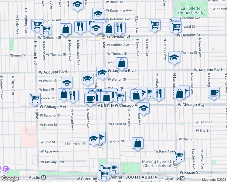 map of restaurants, bars, coffee shops, grocery stores, and more near 857 North Central Avenue in Chicago