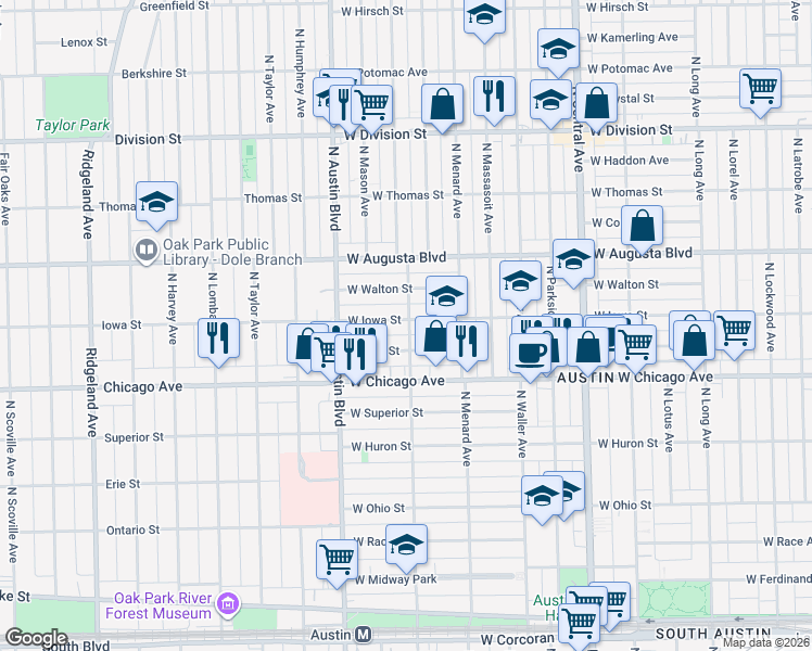 map of restaurants, bars, coffee shops, grocery stores, and more near 856 North Mayfield Avenue in Chicago
