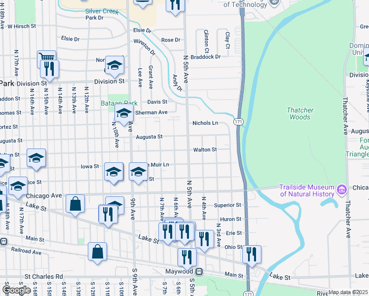 map of restaurants, bars, coffee shops, grocery stores, and more near 1002 North 5th Avenue in Maywood