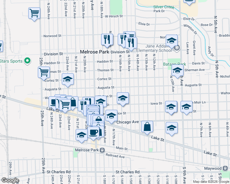 map of restaurants, bars, coffee shops, grocery stores, and more near 1010 North 16th Avenue in Melrose Park