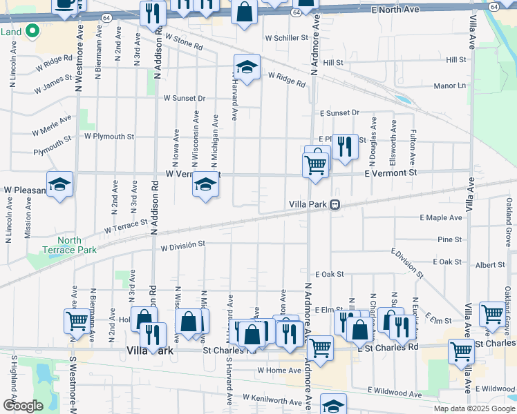 map of restaurants, bars, coffee shops, grocery stores, and more near 346 North Yale Avenue in Villa Park