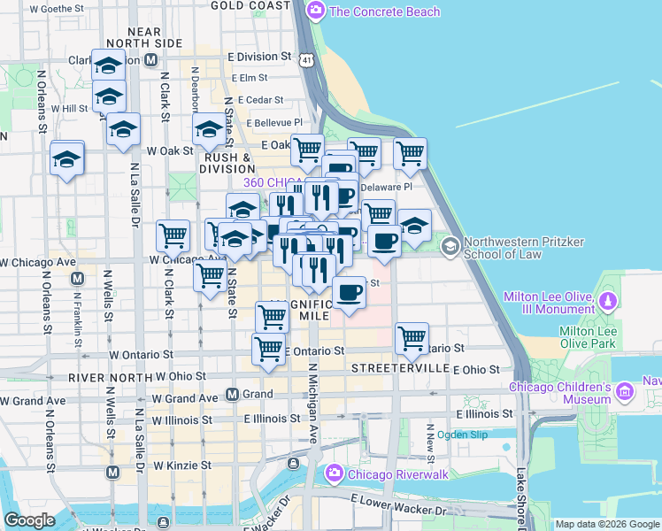 map of restaurants, bars, coffee shops, grocery stores, and more near 777 Michigan Avenue in Chicago