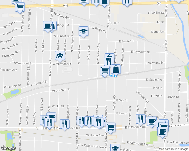 map of restaurants, bars, coffee shops, grocery stores, and more near 52 West Terrace Street in Villa Park
