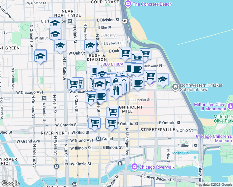 map of restaurants, bars, coffee shops, grocery stores, and more near 750 North Rush Street in Chicago
