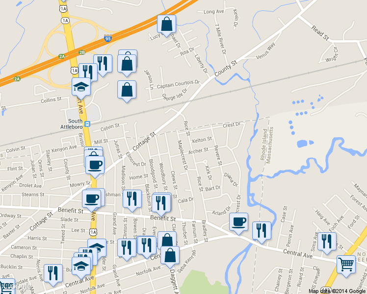 map of restaurants, bars, coffee shops, grocery stores, and more near 157 Maplecrest Dr in Pawtucket