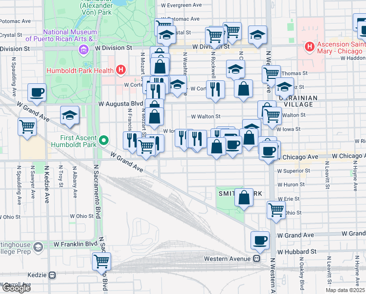 map of restaurants, bars, coffee shops, grocery stores, and more near 822 North Washtenaw Avenue in Chicago