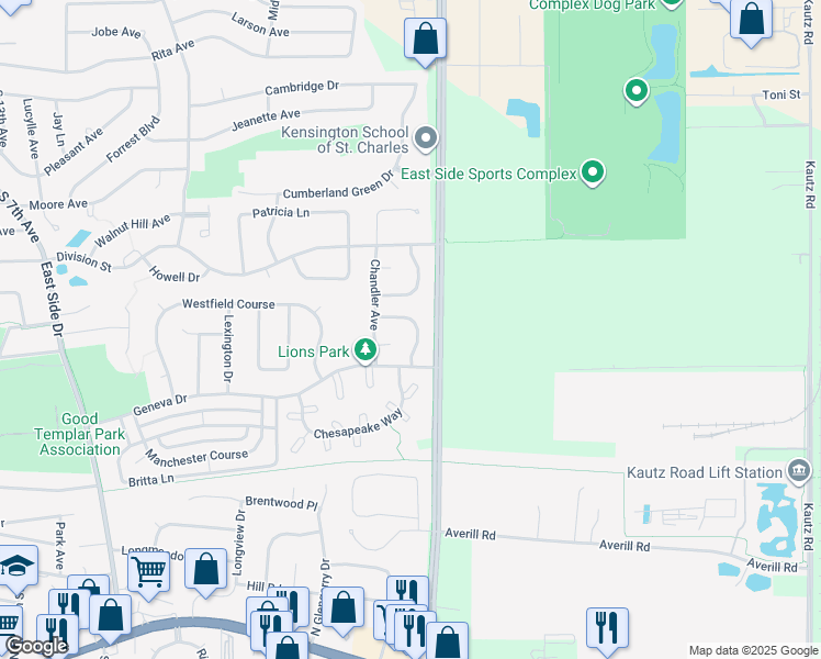 map of restaurants, bars, coffee shops, grocery stores, and more near 648 Green Meadow Lane in Geneva