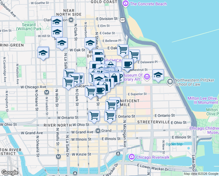 map of restaurants, bars, coffee shops, grocery stores, and more near 747 North Wabash Avenue in Chicago