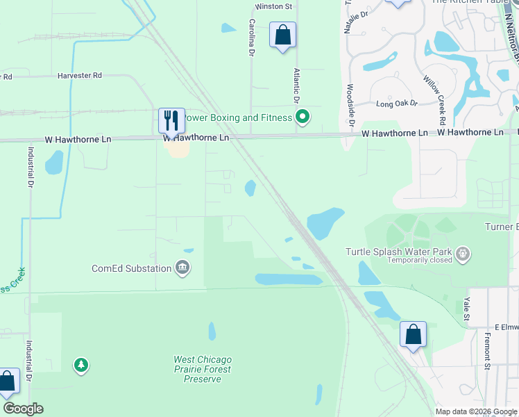 map of restaurants, bars, coffee shops, grocery stores, and more near 1N561 Lane Road in West Chicago