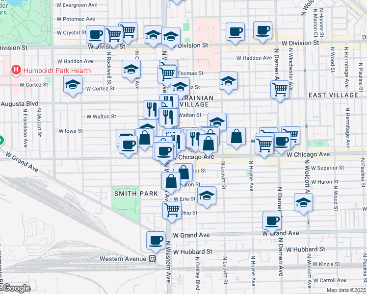map of restaurants, bars, coffee shops, grocery stores, and more near 2327 West Rice Street in Chicago