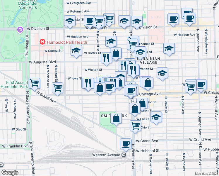 map of restaurants, bars, coffee shops, grocery stores, and more near 825 North Maplewood Avenue in Chicago