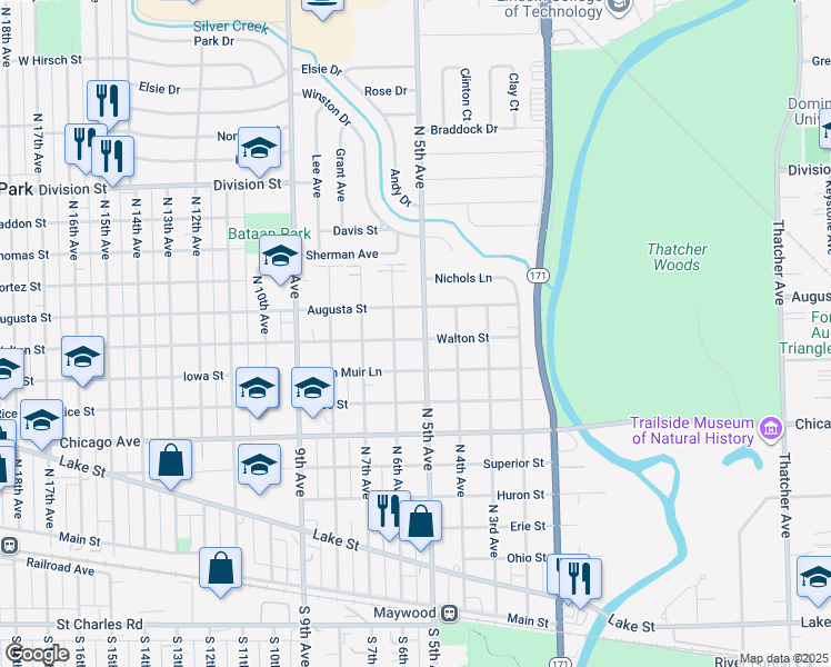 map of restaurants, bars, coffee shops, grocery stores, and more near 1002 North 5th Avenue in Maywood