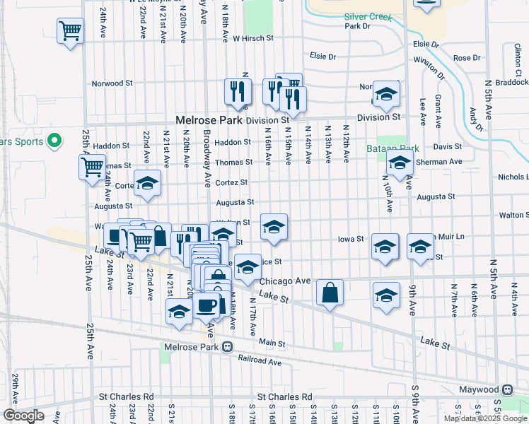 map of restaurants, bars, coffee shops, grocery stores, and more near 1010 North 16th Avenue in Melrose Park
