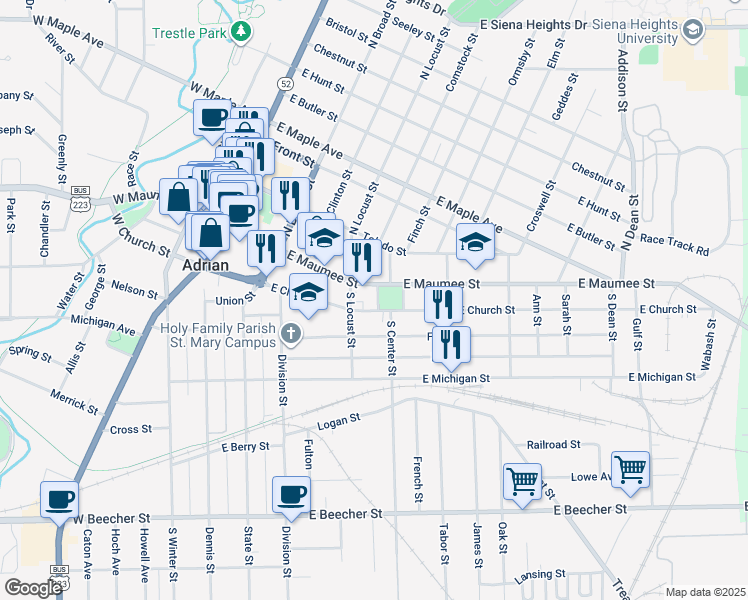 map of restaurants, bars, coffee shops, grocery stores, and more near 114 Park Place West in Adrian